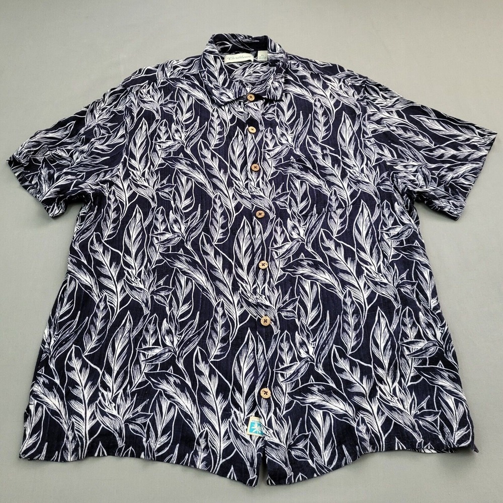 Caribbean Shirt Mens XL Short Sleeve Button Up Blue White Leaf Print Rayon